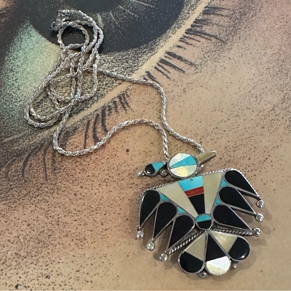 Vintage Old Pawn Zuni Sterling Silver Inlay Thunderbird Pendant Brooch Necklace - Picture 3 of 9